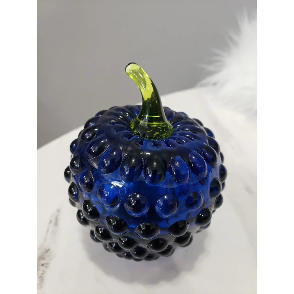 Viking Glass Cobalt Blue Berry Apple Green Stem Bumpy Hobnail Paperweight